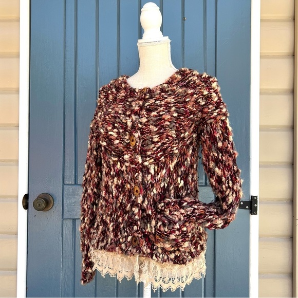 Anthropologie HWR Monogram Lace
Trim Chunky Wool Cardigan Sweater XS - Picture 1 of 9